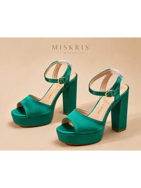 Dee Ocleppo Satin Platform Sandals Emerald Green Block Heel Size 37 New